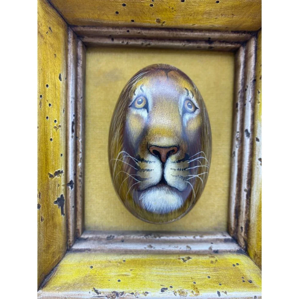 African hand painted lions face on stone egg framed signed Searcy rustic